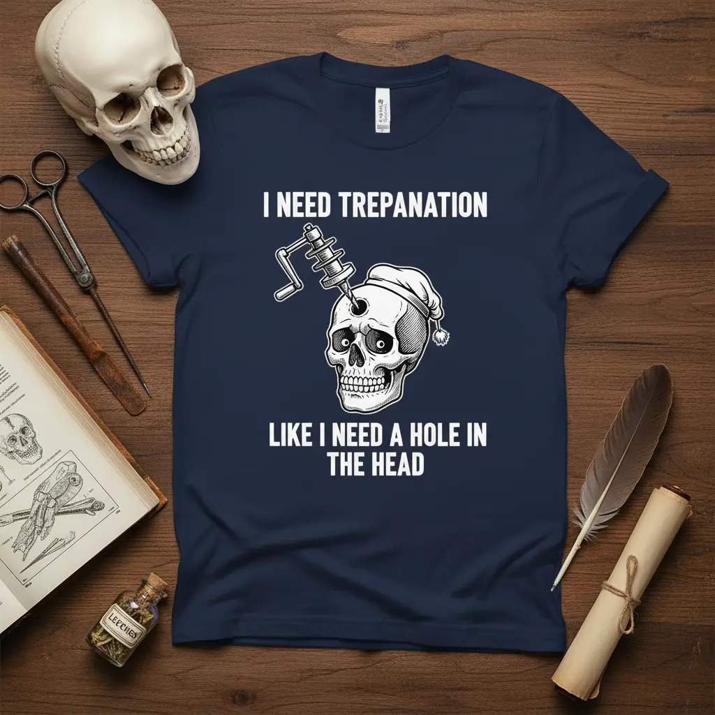 I Need Trepanation Like I Need A Hole In The Head quote and skull graphic on navy t-shirt