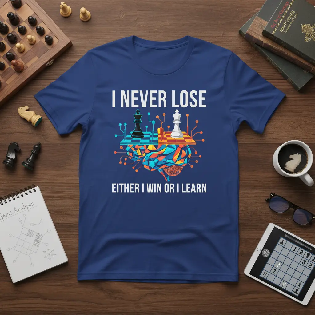 I Never Lose Either I Win Or I Learn quote with brain and chess graphic on a blue t-shirt