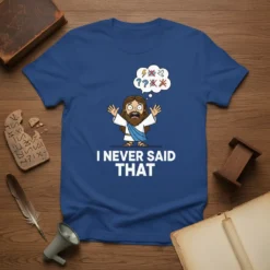 Jesus cartoon character with confused expression saying "I Never Said That" on a blue t-shirt