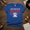 I Only Came For The Bachata text design with dancing couple graphic and musical notes on a blue t-shirt