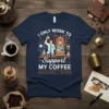 I Only Work To Support My Coffee Addiction text with a barista illustration and coffee machine graphic on a navy