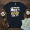 I Opened My Mouth And My Father Came Out quote t-shirt design with megaphone graphic on navy blue shirt