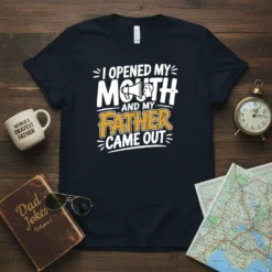 I Opened My Mouth And My Father Came Out quote t-shirt design with megaphone graphic on navy blue shirt