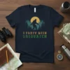 I Party With Sasquatch text design with Bigfoot silhouette and forest graphic, vintage style