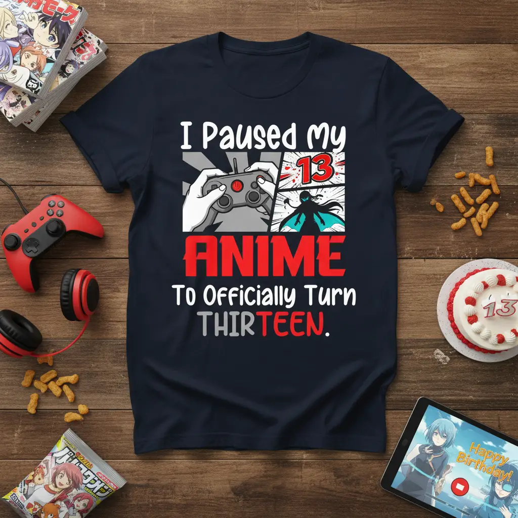 I Paused my ANIME To Officially Turn THIRTEEN quote with video game controller and anime character graphic on t-shirt