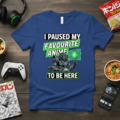 I Paused My Favourite Anime To Be Here text with a robot character holding a game controller, on a blue