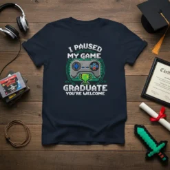 I Paused My Game Graduate You're Welcome t-shirt featuring pixelated video game controller and trophy graphic