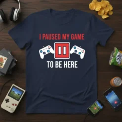 T-shirt with red text "I PAUSED MY GAME" above a pause icon and white text "TO BE HERE", flanked by