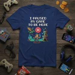 I Paused My Game To Be Here gamer t-shirt with pixel art dragon, knight, and castle