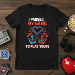 I Paused My Game To Play Yours t-shirt design with retro game controllers and hearts graphic