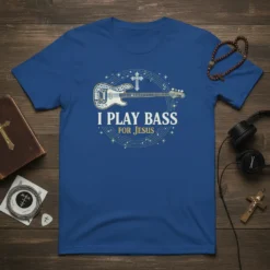 I PLAY BASS FOR JESUS text with a white bass guitar and cross graphic on a blue t-shirt