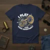 French horn design with text "I PLAY WHAR YOUR SUPERPOWER?" on a navy t-shirt, featuring golden brass instrument and musical