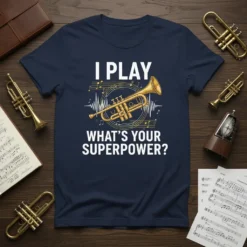 I PLAY WHAT'S YOUR SUPERPOWER? text with a golden trumpet graphic on a navy t-shirt
