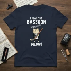 I Play The Bassoon Meow! text with a tuxedo-clad cat playing a bassoon graphic on a navy t-shirt