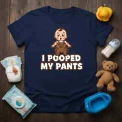 I Pooped My Pants funny toddler t-shirt design with a cartoon baby in brown overalls and text "I Pooped My