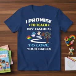 I Promise To Teach My Babies To Love Your Babies t-shirt with diverse handprints and a colorful tree