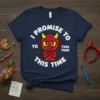 Cute red devil character with yellow horns and green spots saying "I Promise To This Time" on a navy t-shirt