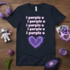 Navy t-shirt with repeating "i purple u" text above a purple cloud-like heart graphic with stars and moons