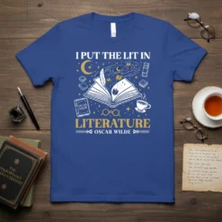 I Put The Lit In Literature Oscar Wilde quote t-shirt design featuring an open book, quill, stars, moon, and teacup