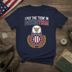I Put The 'Tism' In Patriotism T-Shirt with an American eagle and flag emblem, navy blue graphic tee