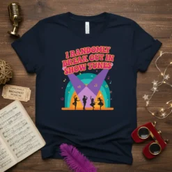 I Randomly Break Out In Show Tunes text with silhouette dancers on a stage with spotlights and rainbow graphic