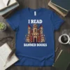 I Read Banned Books t-shirt with a castle made of books, white text, and chains