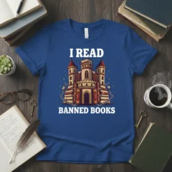 I Read Banned Books t-shirt with a castle made of books, white text, and chains