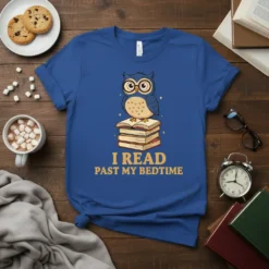 Blue t-shirt with "I Read Past My Bedtime" text and a cute owl sitting on books graphic