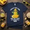 T-shirt design with text "I Really Like Corn Has The Juice Big Lumps And Knobs! It's Corn" featuring a smiling