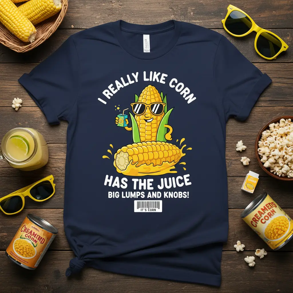 I Really Like Corn Has The Juice Big Lumps And Knobs It's Corn quote on a navy t-shirt with a fun corn