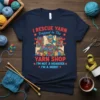 T-shirt design: "I RESCUE YARN Trapped In The YARN SHOP I'M NOT A HOARDER I'M A HERO!" with a superhero