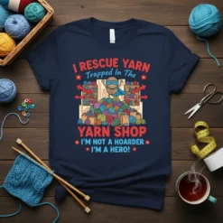 T-shirt design: "I RESCUE YARN Trapped In The YARN SHOP I'M NOT A HOARDER I'M A HERO!" with a superhero