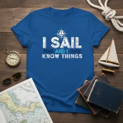 I Sail And I Know Things quote on a blue t-shirt with compass graphic, designed for sailors and boat owners