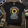 Black t-shirt with white text and graphics detailing the I Saw the Total Solar Eclipse on Monday, April 8, 2024
