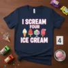 I Scream Four Ice Cream text with cute illustrations of ice cream cone, watermelon popsicle, ice cream sundae, and a