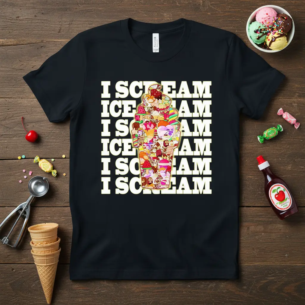 I Scream Ice Cream text design with a detailed, colorful ice cream cone illustration, perfect for dessert lovers