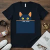 I See You! black cat peeking over a blue box with yellow eyes, text graphic tee