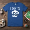 White text "I SHIH TZU NOT" with a cartoon Shih Tzu face graphic on a blue t-shirt