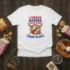 I SNACK HARDER THAN YOUR TEAM PLAYS text with baseball, bats, pretzels, and snack graphics on a white t-shirt