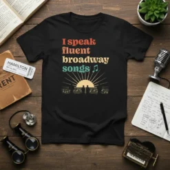 Black t-shirt with "I Speak Fluent Broadway Songs" text and musical notes graphic
