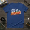 I Speak Fluent Sarcasm t-shirt with microphone graphic and dripping paint effect in white and red on a navy blue