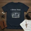 I Speak Jesus Christian T-Shirt with open Bible, cross, and musical notes graphic