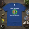 T-shirt with text "I Speak Portuguese What's Your Superpower" and a split flag design of Portugal and Brazil