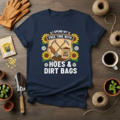 T-shirt design with text "I Spend My Free Time With Hoes & Dirt Bags" and gardening graphics including sunflowers, shovels