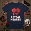 Navy blue t-shirt with the text "I STEAL HEARTS" and a cartoon black cat inside a red heart graphic