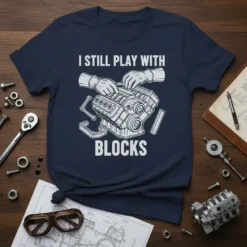 I Still Play With Blocks T-Shirt featuring a detailed engine graphic and bold text, ideal for mechanics and car enthusiasts