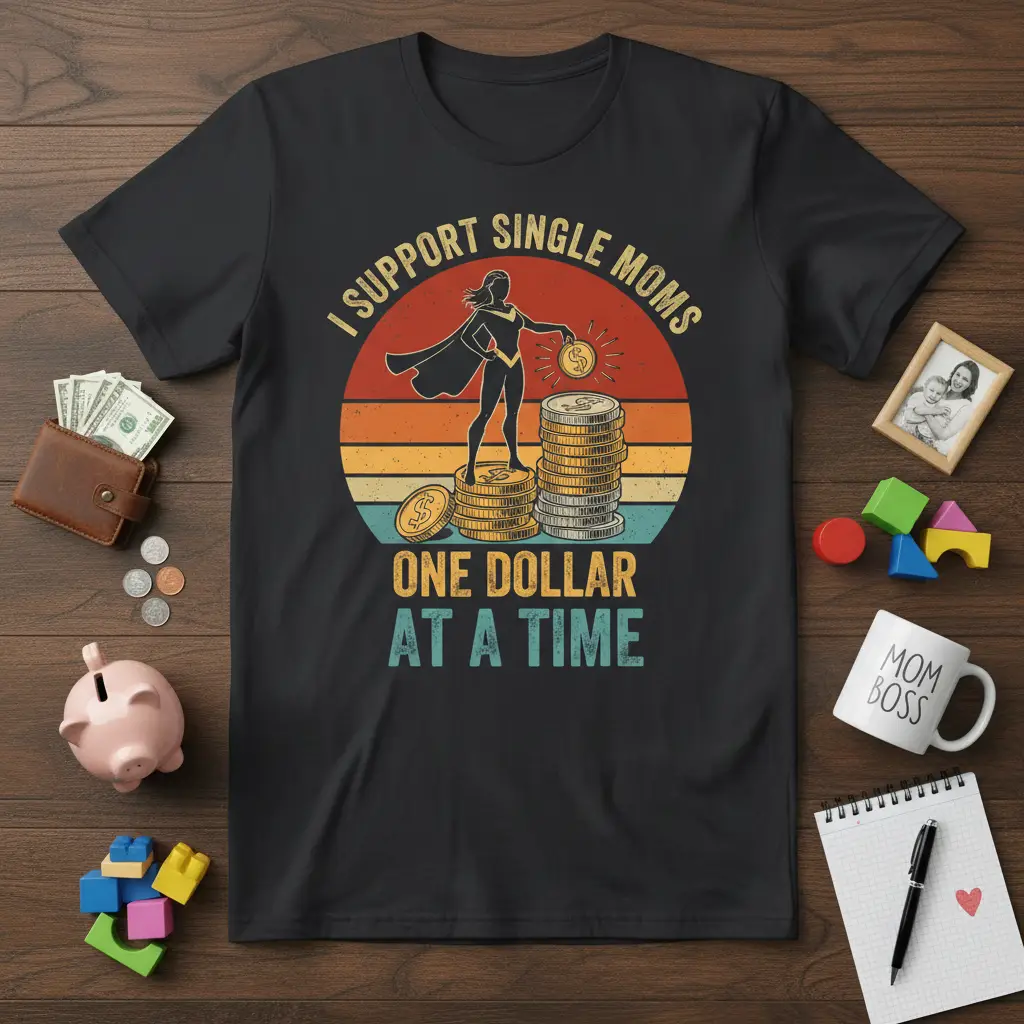 I Support Single Moms One Dollar At A Time quote with superhero mom and coins graphic on a vintage sunset tee