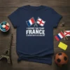 Navy t-shirt with white text "I SUPPORT TWO TEAMS FRANCE & ANYONE WHO PLAYS ENGLAND" and crossed French and English