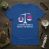I Support Women's Rights and Wrongs feminist t-shirt with scales of justice design and heart graphic