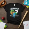 Black t-shirt with "I SURVIVED 67 Day of School" text and baseball-themed graphic, featuring a baseball field inside the numbers